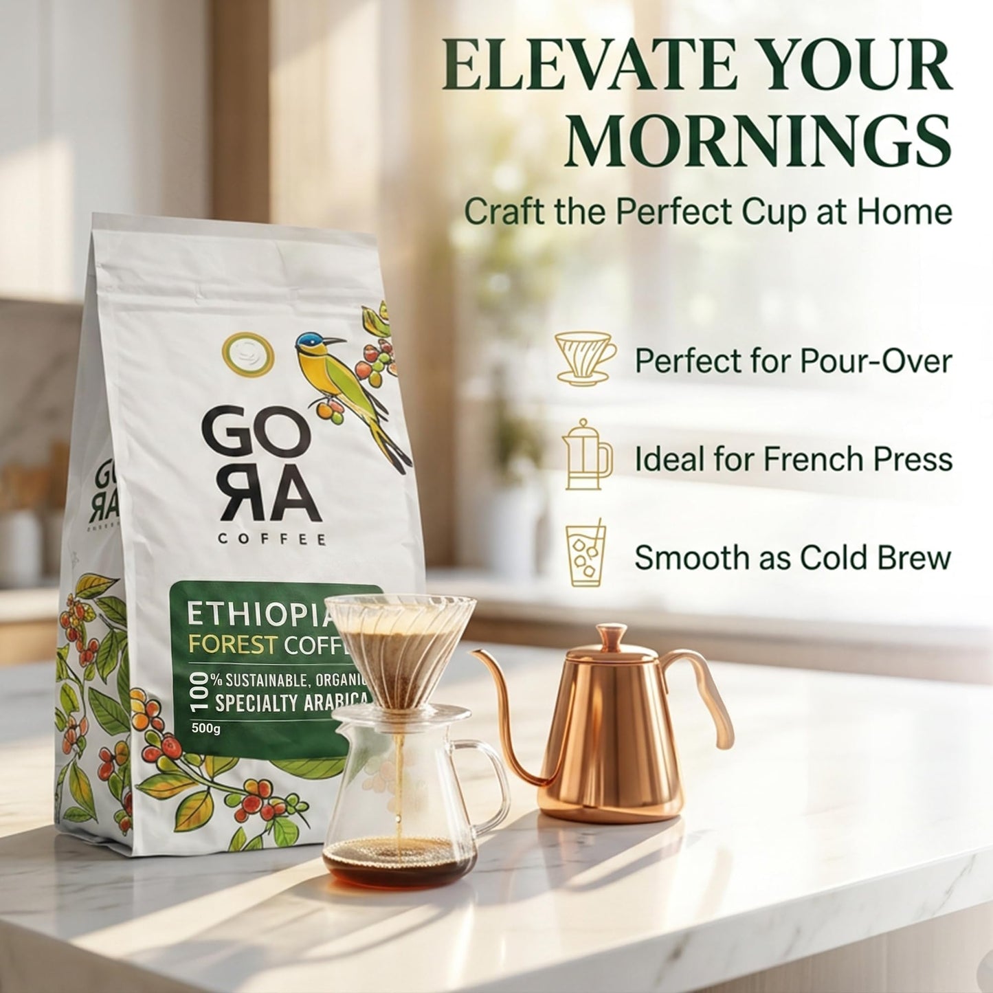 GoRa Ethiopian Coffee Beans 1kg - Medium Roast Whole Bean, Single Origin Arabica, Smooth Fruity & Floral Notes, Sourced & Roasted in Ethiopia - 1kg
