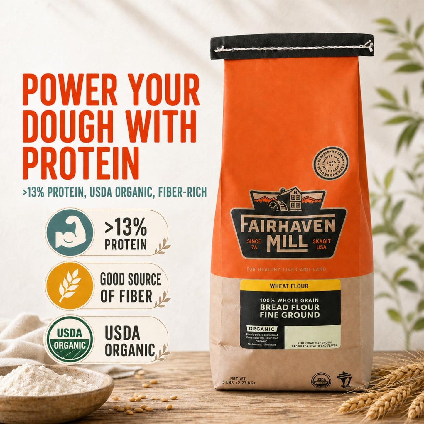 Fairhaven Mill Fine Ground Whole Wheat Bread Flour - USDA Organic Certified and 100% Whole Grain - Superior Gluten Strength for Artisan Breads, Rolls