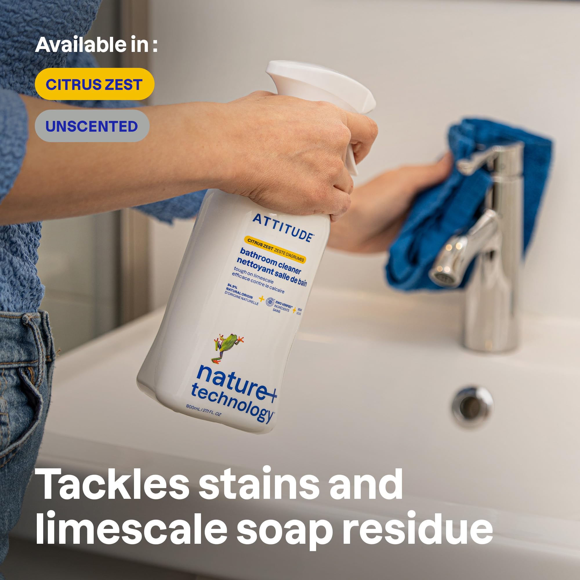 ATTITUDE Bathroom Cleaner Spray, EWG Verified, Plant-Based & Vegan, Safe for Bathroom Surfaces, Tiles, Tubs, Shower Walls, and Grout, Citrus Zest