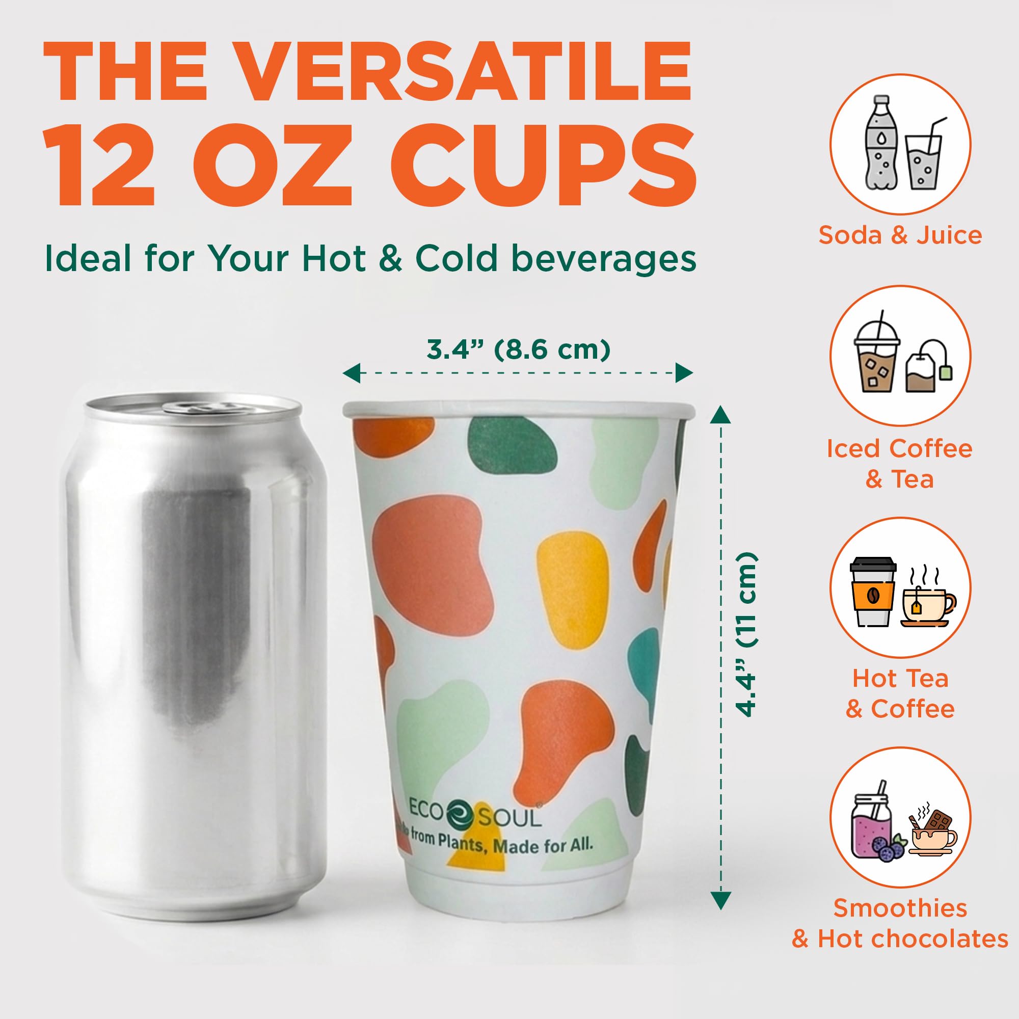 ECO SOUL 12 oz 50 Disposable Paper Cups,Hot/Cold Beverage Paper Drinking Cups, Leakproof Printed Cups for Cafe, Office, Party