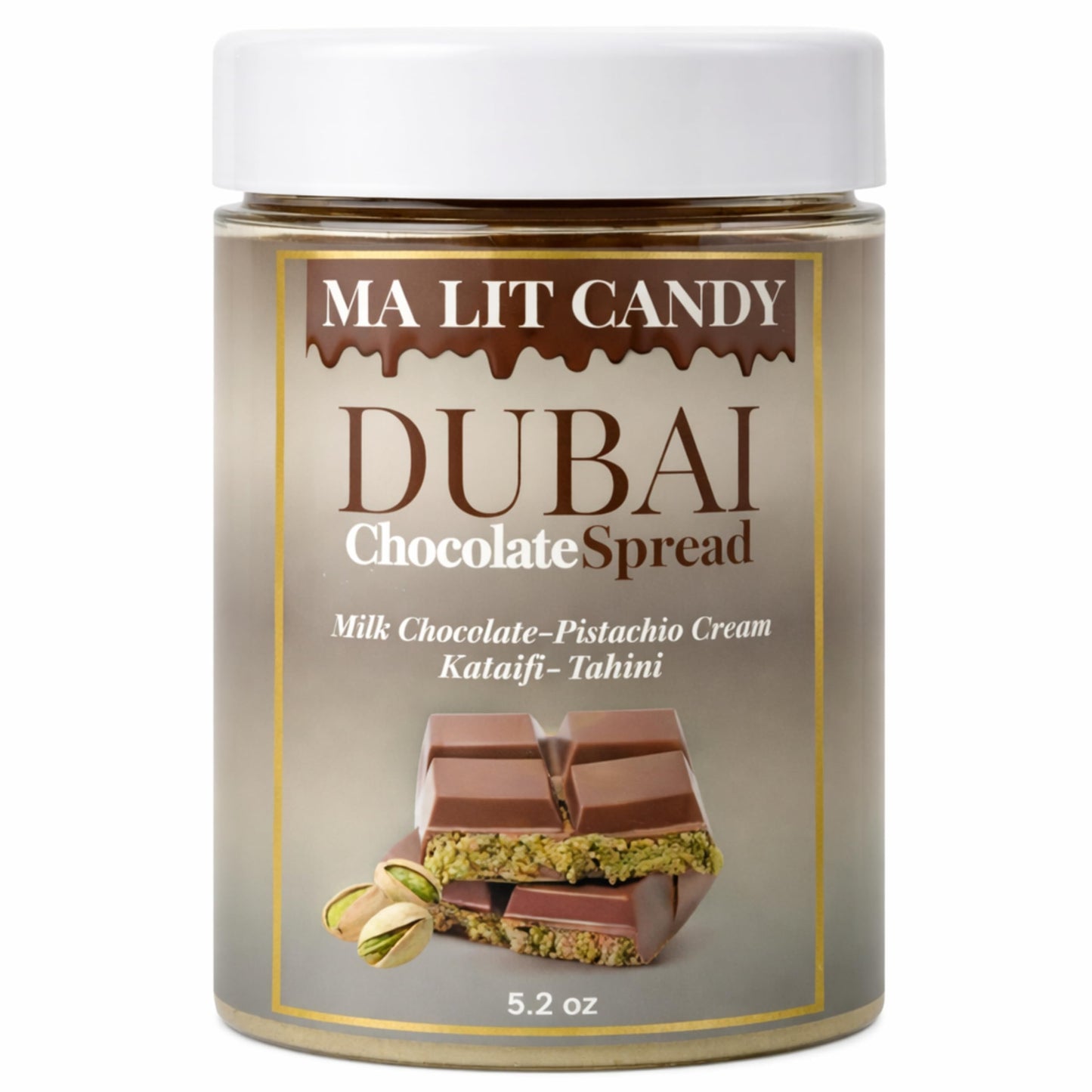 Dubai Chocolate Jar - 5.2 oz - Chocolate Kataifi Pistachio Cream with Tahini - Dubai Chocolate Bar Spread for Waffles & Pancakes, Desserts, & Gourmet