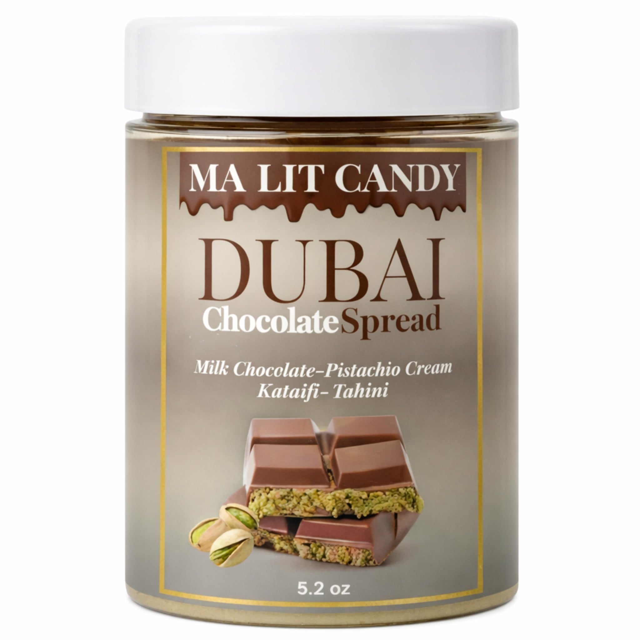 Dubai Chocolate Jar - 5.2 oz - Chocolate Kataifi Pistachio Cream with Tahini - Dubai Chocolate Bar Spread for Waffles & Pancakes, Desserts, & Gourmet