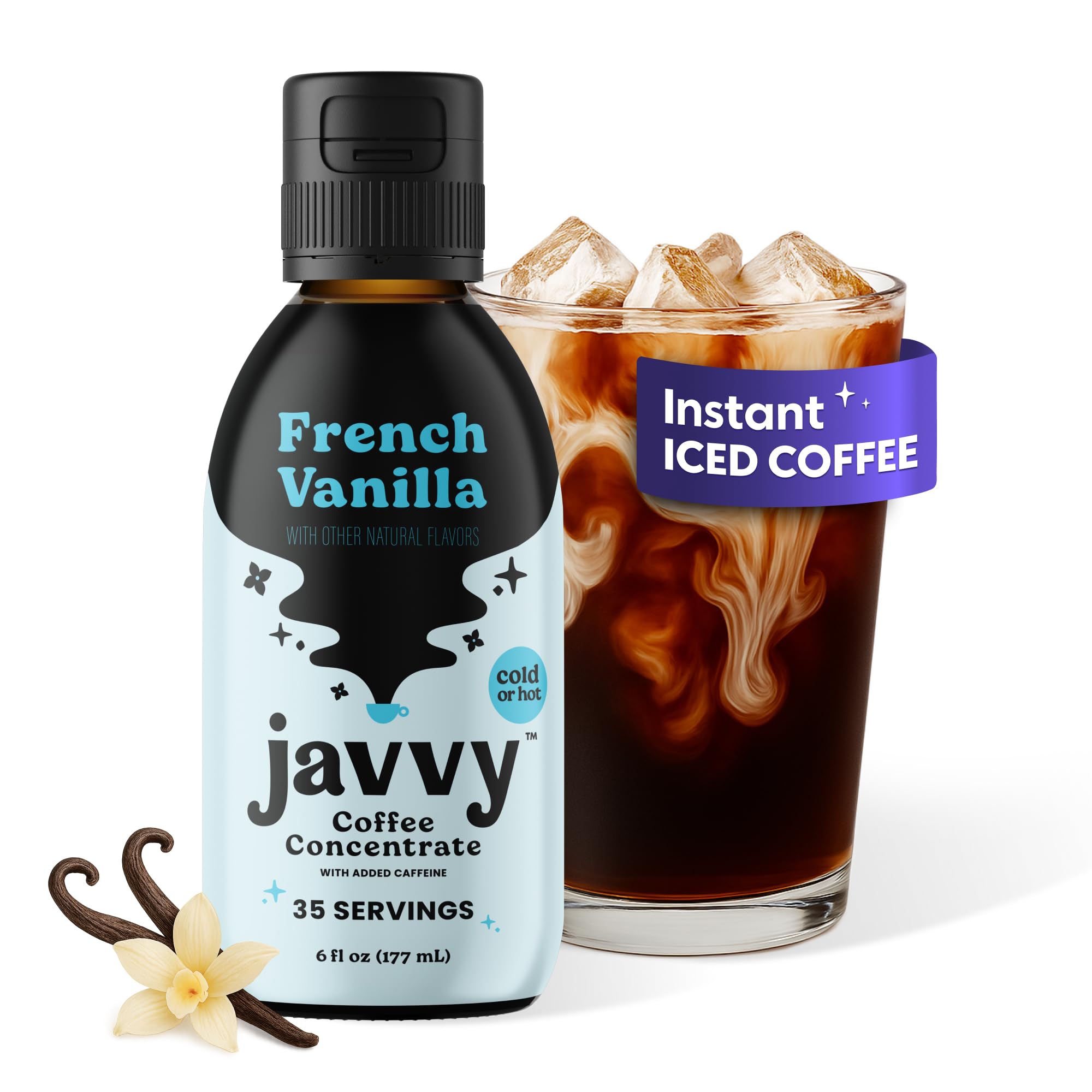 Javvy Cold Brew Coffee Concentrate Instant Coffee, Smooth Arabica Iced Coffee & Espresso Concentrate, 35 Servings, Vanilla, 1 Pack