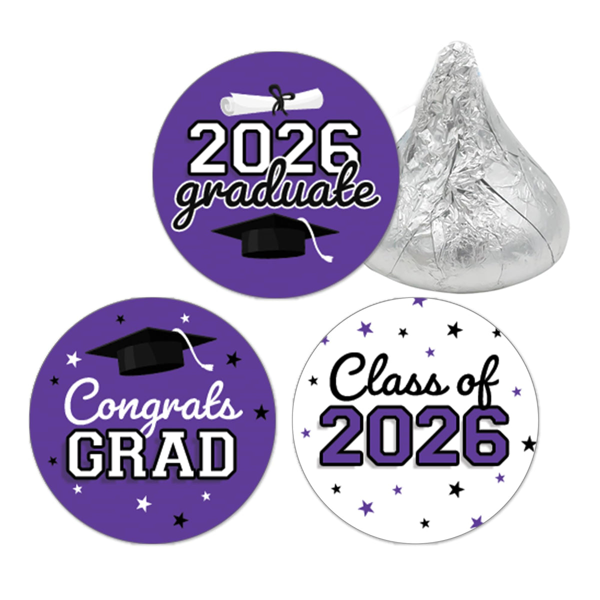 DISTINCTIVS Class of 2026 Graduation Candy Stickers for Chocolate Drops, Purple Grad Party Favors - 216 Count
