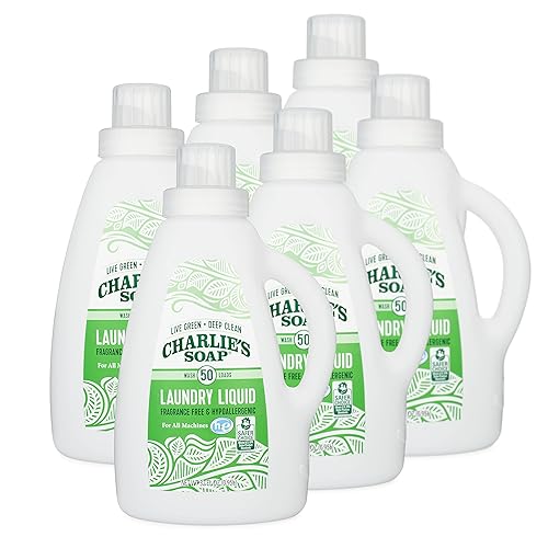 Charlie’s Soap Laundry Liquid (50 Loads, 6 Pack) Natural Deep Cleaning Hypoallergenic Laundry Detergent - Safe, Effective and Non-Toxic