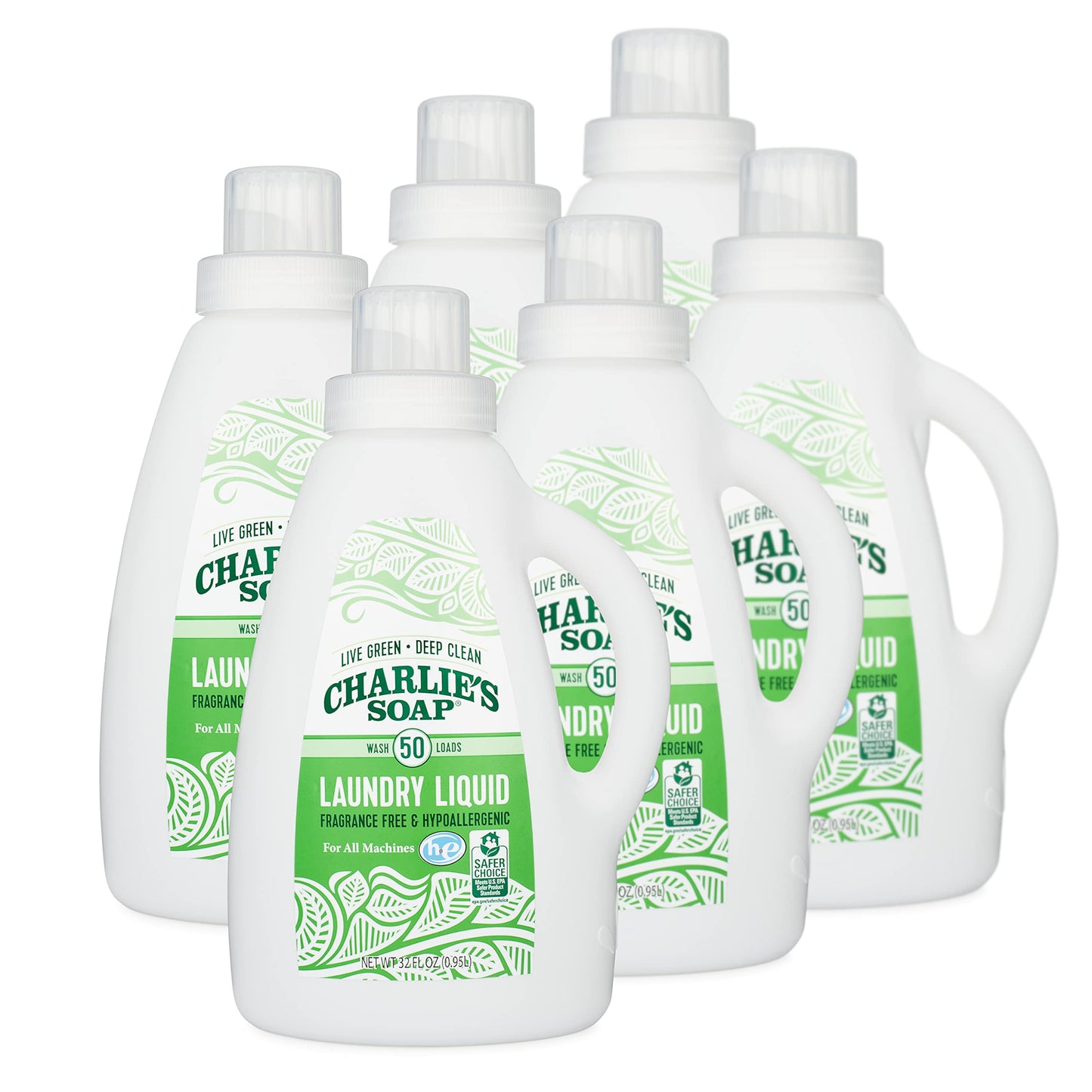 Charlie’s Soap Laundry Liquid (50 Loads, 6 Pack) Natural Deep Cleaning Hypoallergenic Laundry Detergent - Safe, Effective and Non-Toxic
