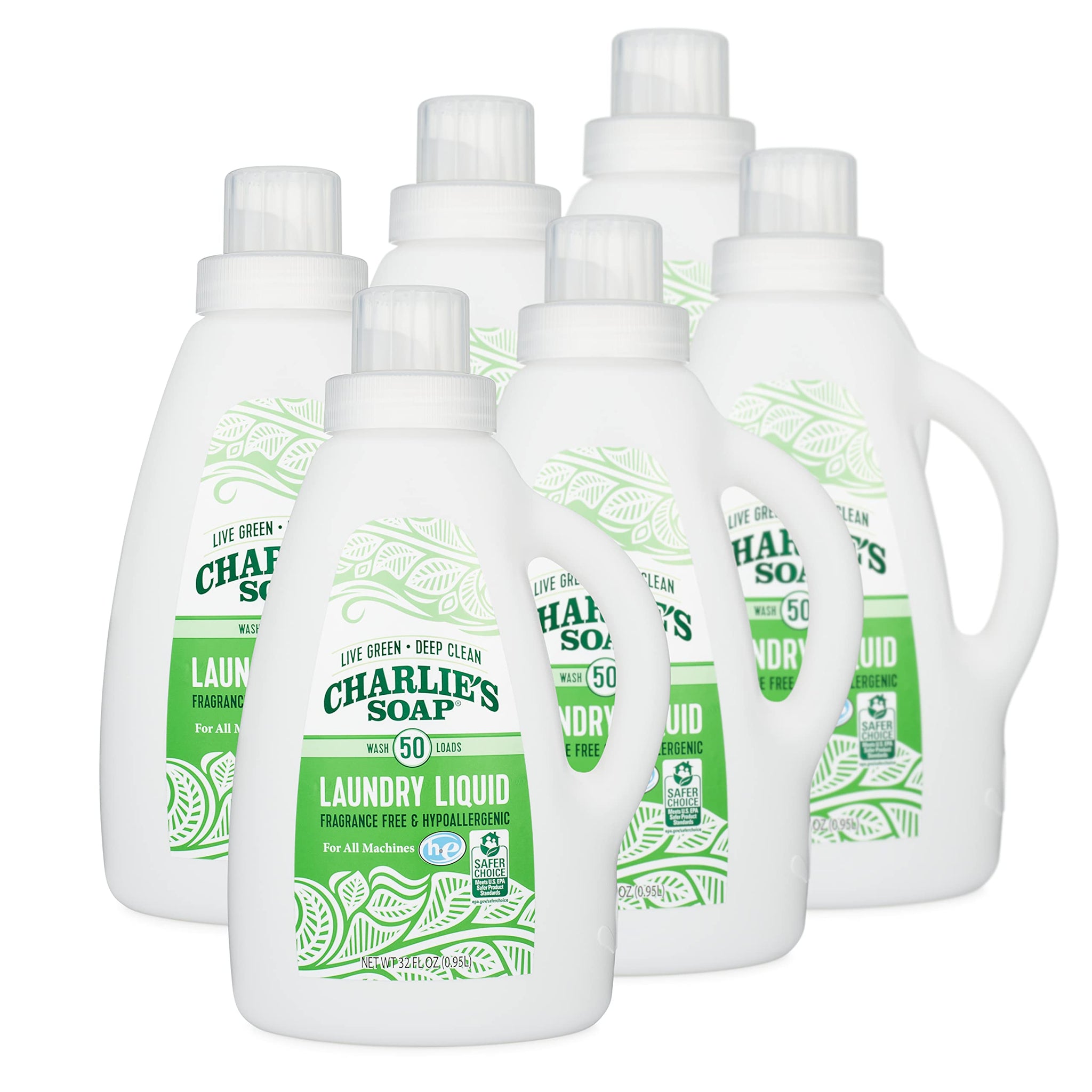 Charlie’s Soap Laundry Liquid (50 Loads, 6 Pack) Natural Deep Cleaning Hypoallergenic Laundry Detergent - Safe, Effective and Non-Toxic