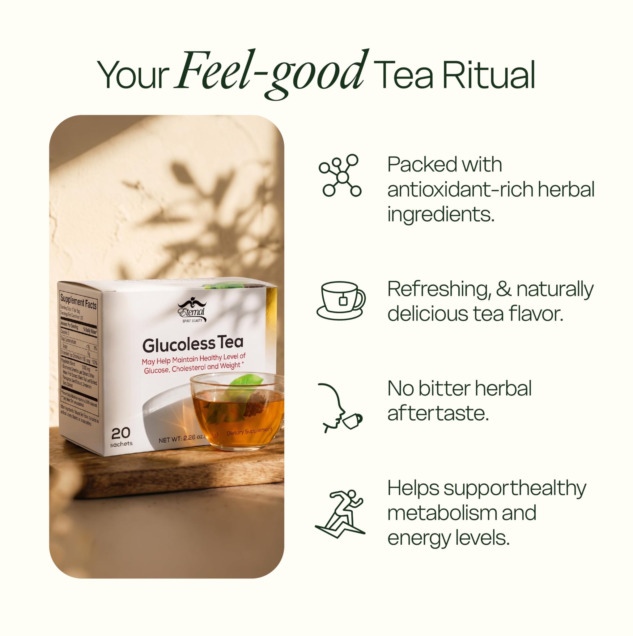 Eternal Spirit Beauty Glucoless Tea - Herbal Dietary Supplement with Gymnema & Bitter Melon - 15 Tea Bags - Supports Natural Metabolism & Daily