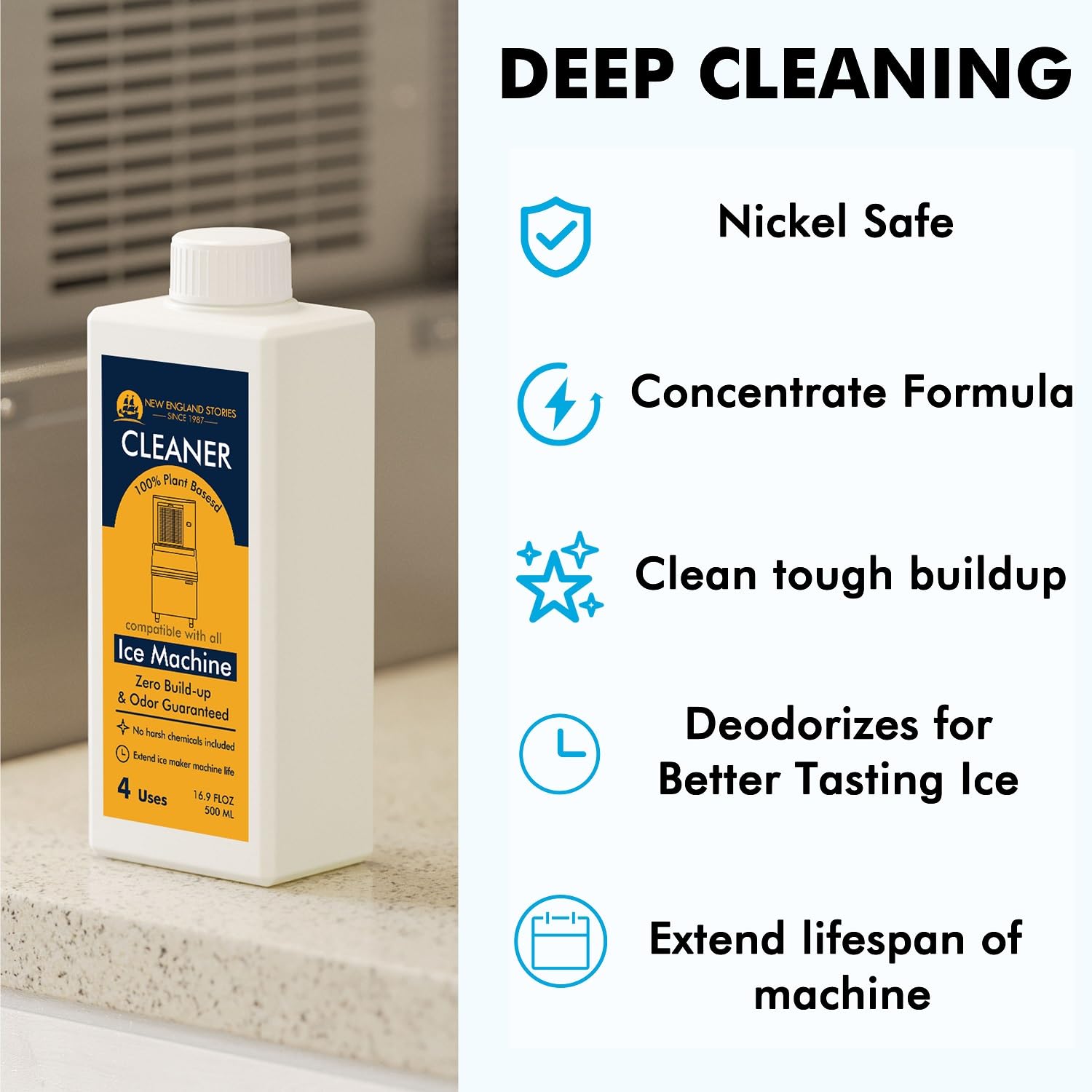 4 Uses Ice Machine Cleaner Maker Descaler, 16.9 fl oz Nickel Safe Ice Maker Cleaner Solution - Cleaning Kit Compatible with Major Brands (GE Opal