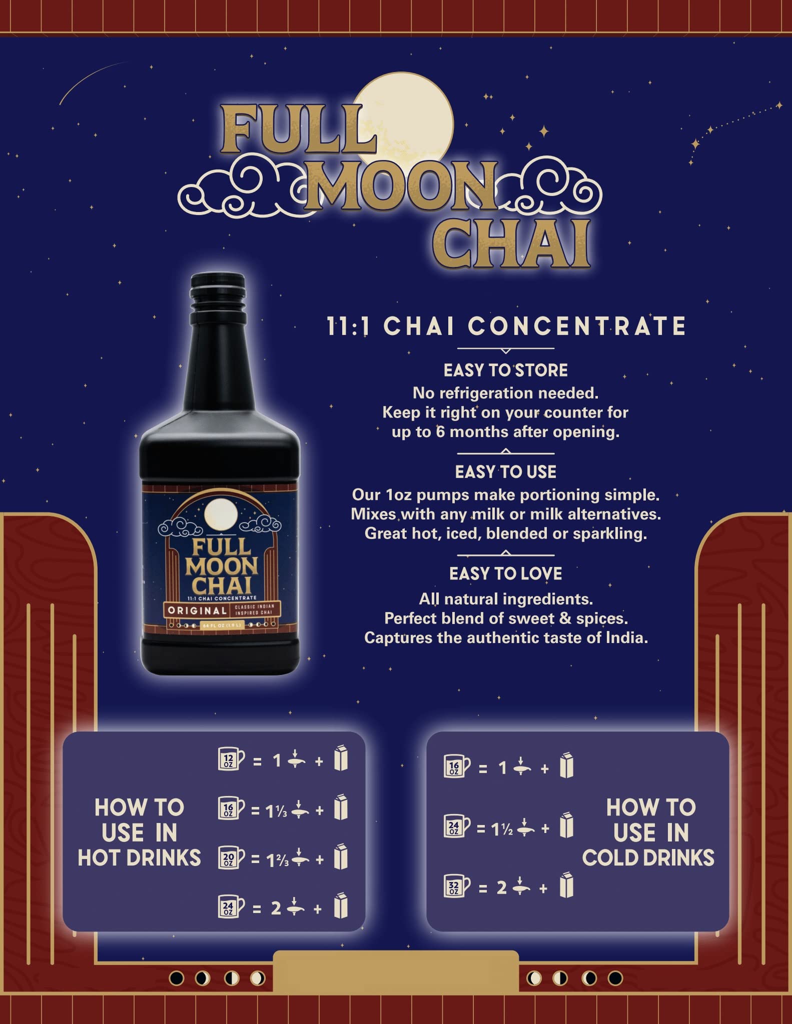 Maya Tea Full Moon Chai Concentrate, Original Classic Indian Inspired, Organic Cane Sugar, Natural Flavors, 64 Ounce with White Pump