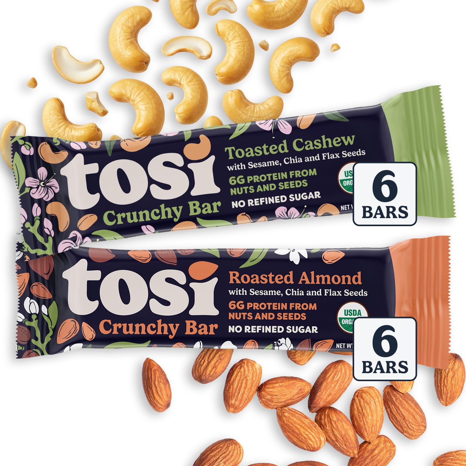 Tosi Almond and Cashew Protein Bars Combo, Plant Based with Nuts, Gluten-Free Crunchy Snacks, Vegan, Organic, Flax & Chia Seeds, Soy-Free, Omega 3s