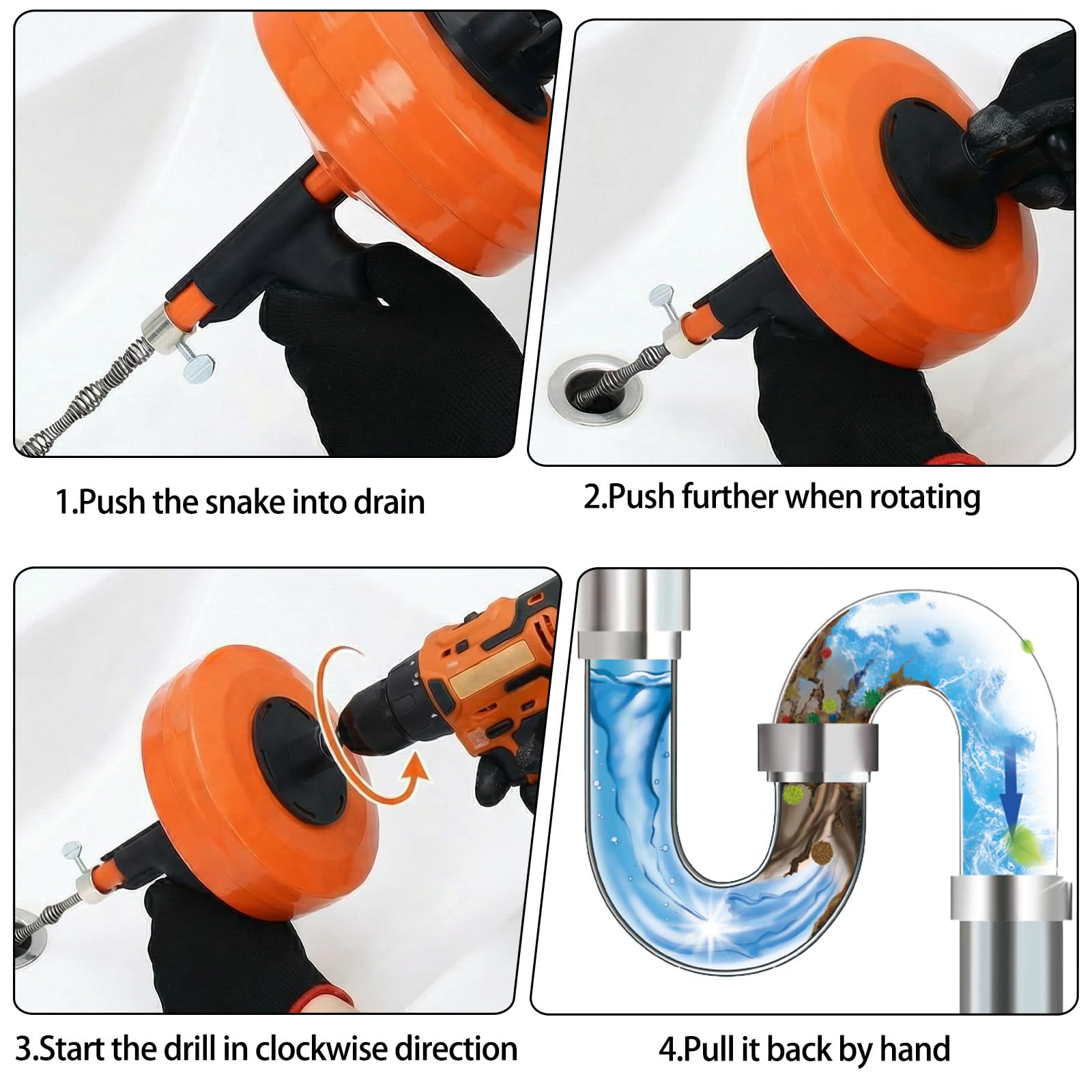 50 Ft Drain Auger,Use Manually or Drill Powered 50 Foot Drain Snake,Heavy Duty Flexible Plumbing Snake,With Gloves and Storage Bag for Kitchen Sink