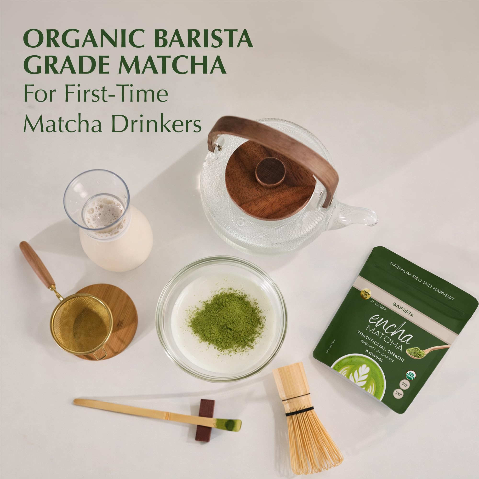 Encha Matcha Powder Barista Grade Latte Organic Matcha Powder - 100% Japanese Matcha Green Tea Powder for Lattes & Everyday Culinary Recipes, Smooth