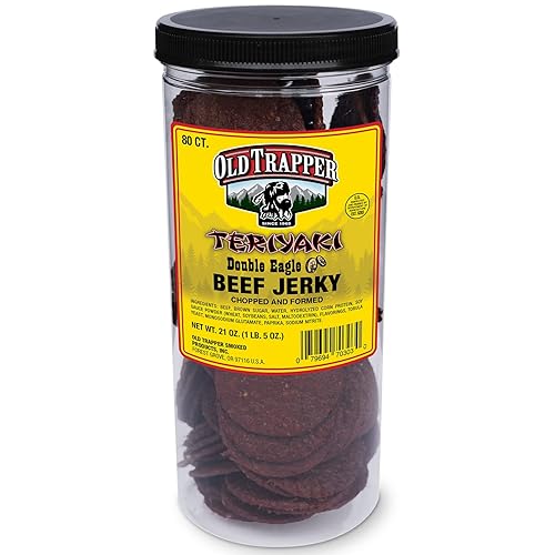 Old Trapper Double Eagle Beef Jerky, Teriyaki Flavor, 21oz. 80-Piece Jar, Natural Wood Smoked Meat Snacks, 10 Grams of Protein and 80 Calories per