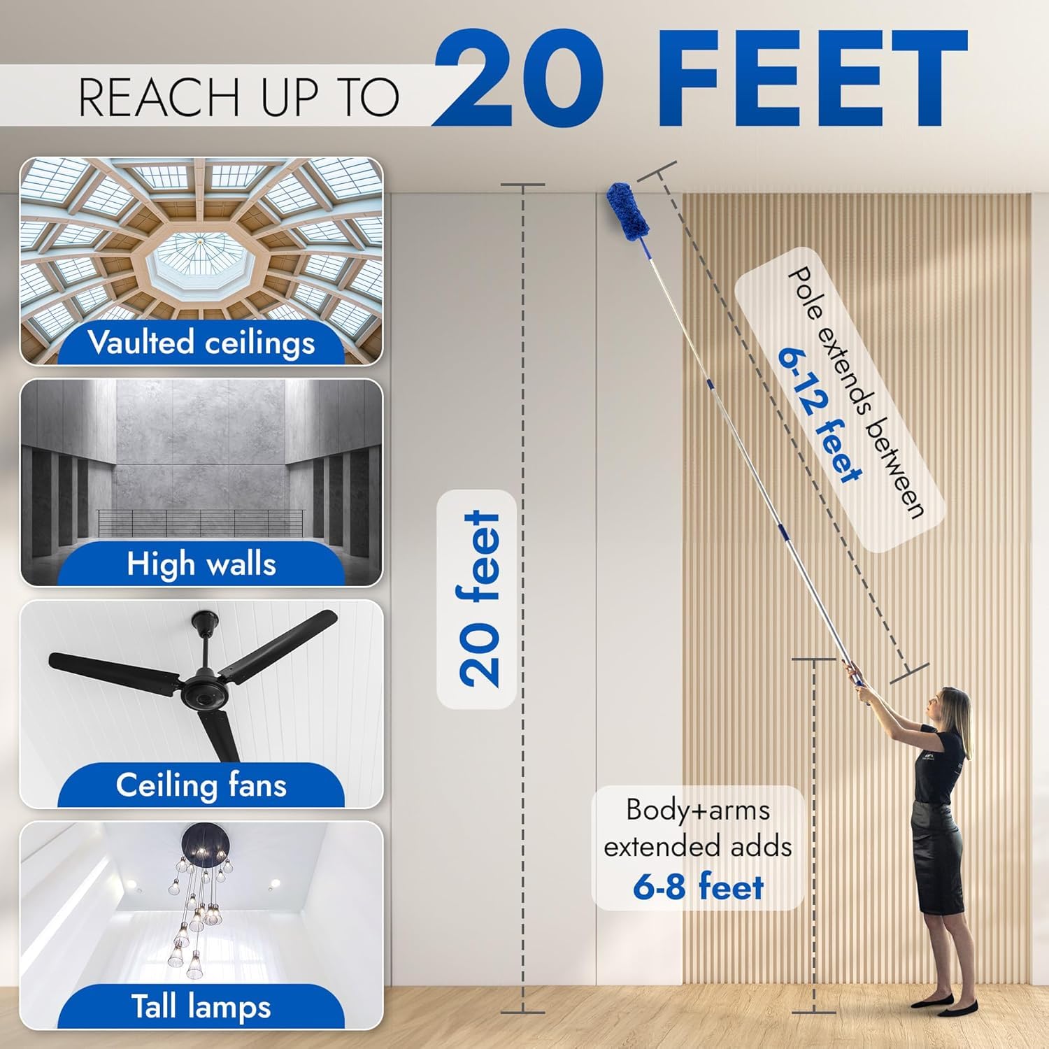 Cobweb Duster, Extendable Reach 20 feet, Ceiling Fan Duster | 3-Stage Aluminum Telescoping Pole | Medium Stiff Bristles | Long Handle Webster Duster