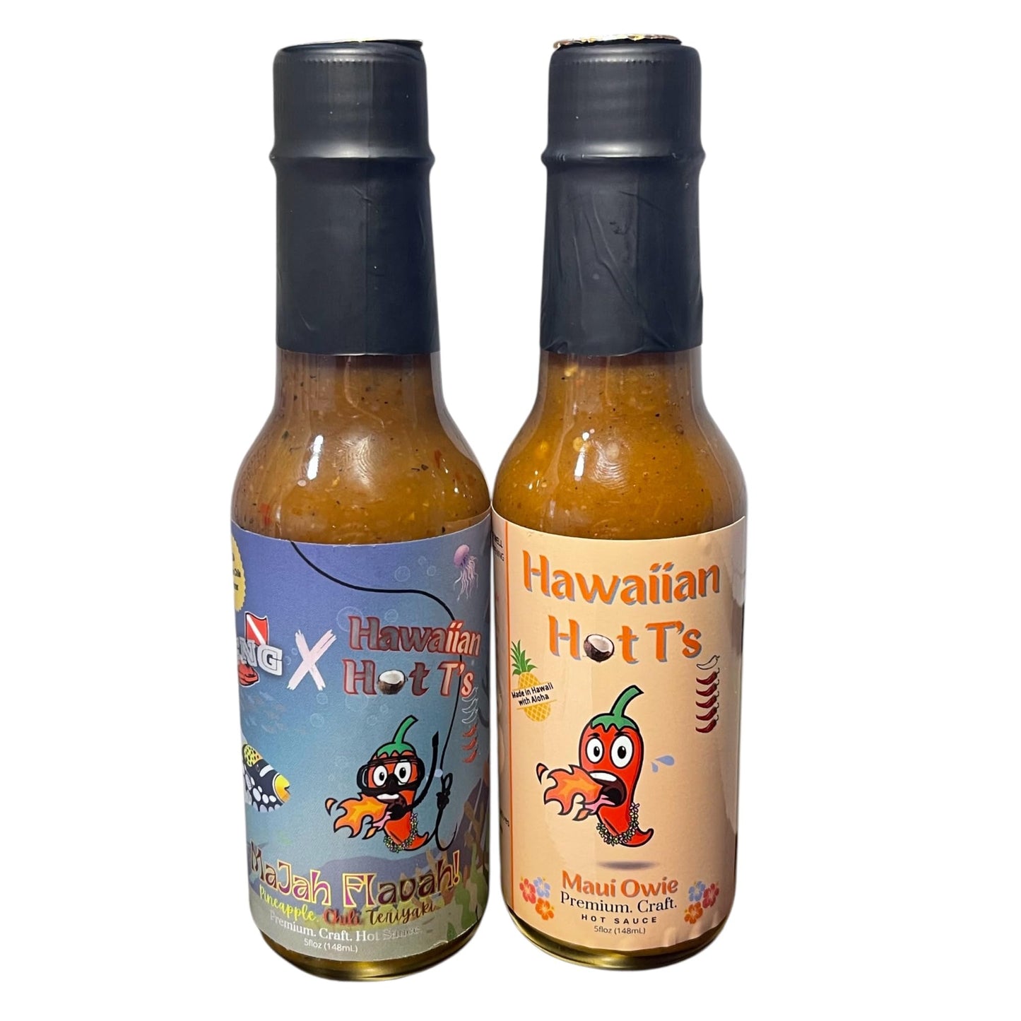 Hawaiian Hot T’s Small Batch Premium Craft Hot Sauce 2 Pack Box of Award-Winning Hot Sauces - Majah Flavah! & Maui Owie - Each Bottle is 5 fl. oz