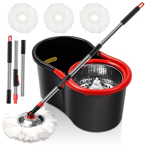 Spin Mop and Bucket with Wringer Set, 360° Spinning Mop Bucket System with 3 Microfiber Mop Replacement Heads and 51" Stainless Steel Adjustable
