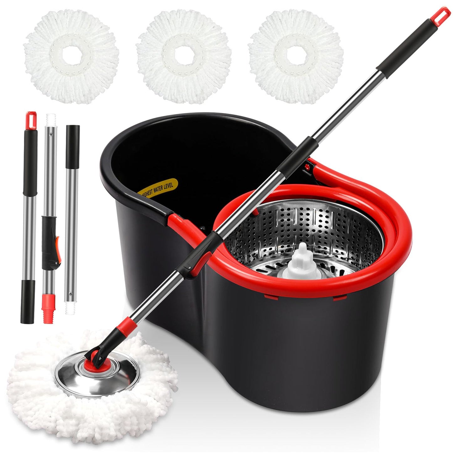 Spin Mop and Bucket with Wringer Set, 360° Spinning Mop Bucket System with 3 Microfiber Mop Replacement Heads and 51" Stainless Steel Adjustable