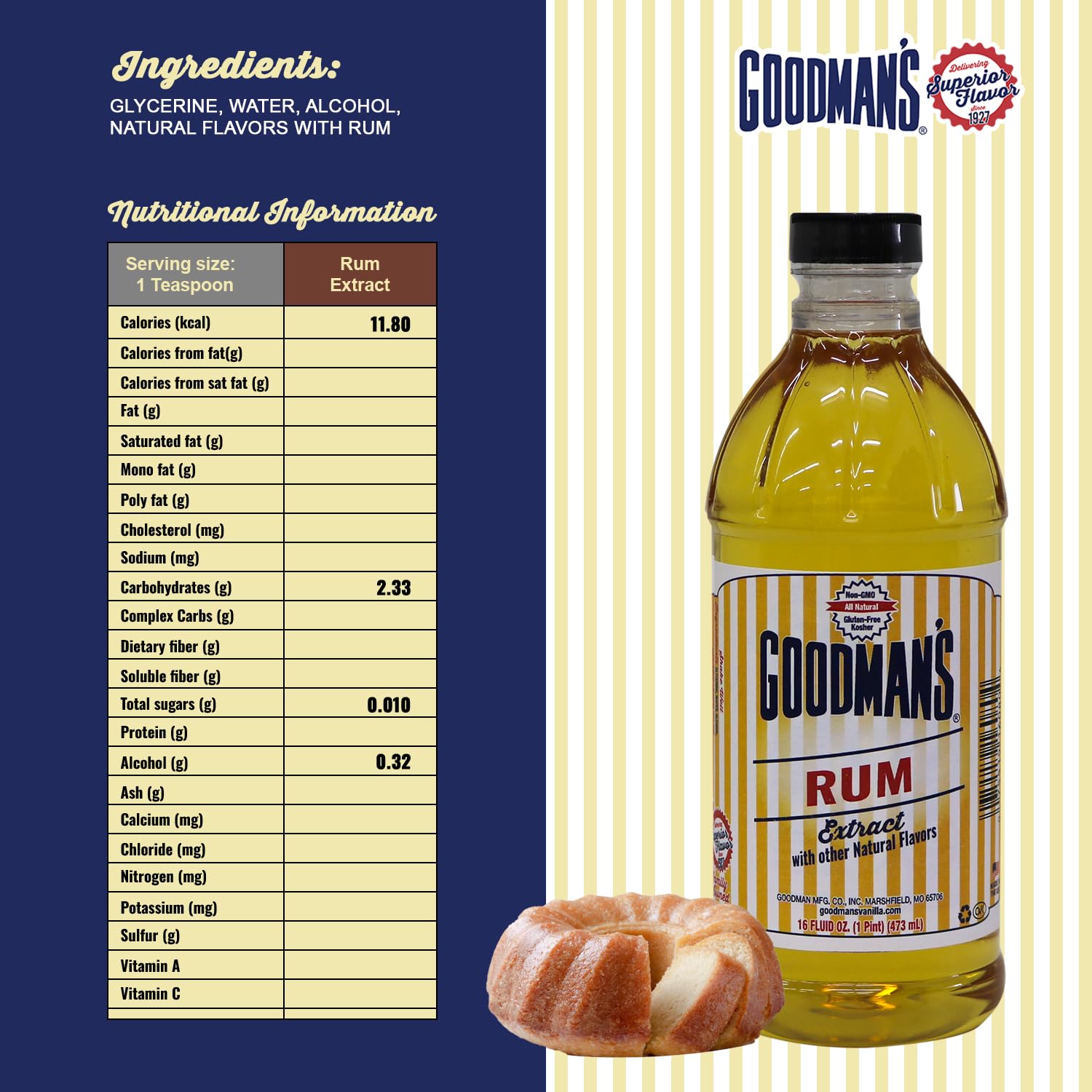 Goodman's Natural Rum Extract - Gluten-free, Non-GMO, Kosher, Low Carb & Low Calorie, Low Alcohol, No Artificial Color, No Animal Products, No Sugar