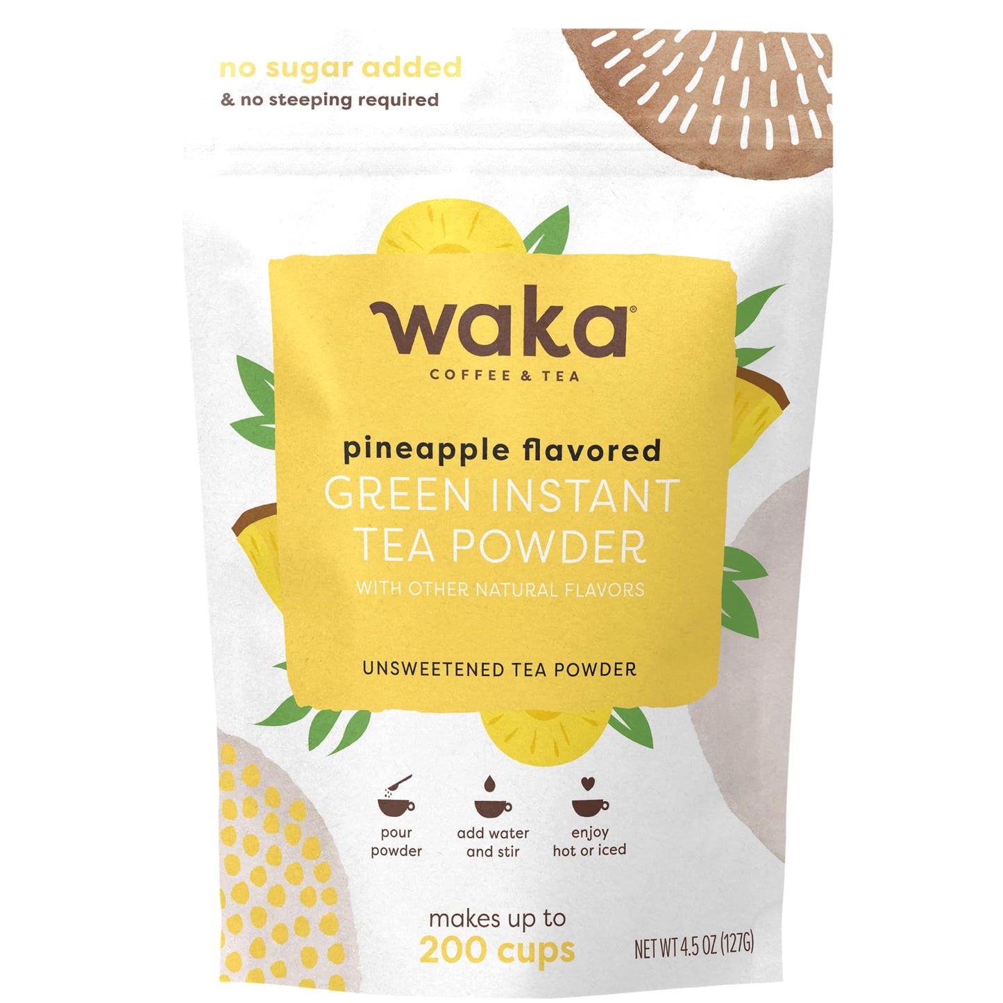 Waka Instant Green Tea Mix, Pineapple Flavored - 100% Tea Leaves, No Additives, Unsweetened Tea Powder in Bulk Pouch - Easy Quick Hot and Iced Teas