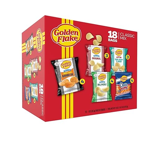 Golden Flake Classic Mix Variety Pack, 18 ct, 1oz. Bags; Thin & Crispy Sweet Heat BBQ (4), Cheese Puffs (4), Thin & Crispy Dill Pickle (4), Thin