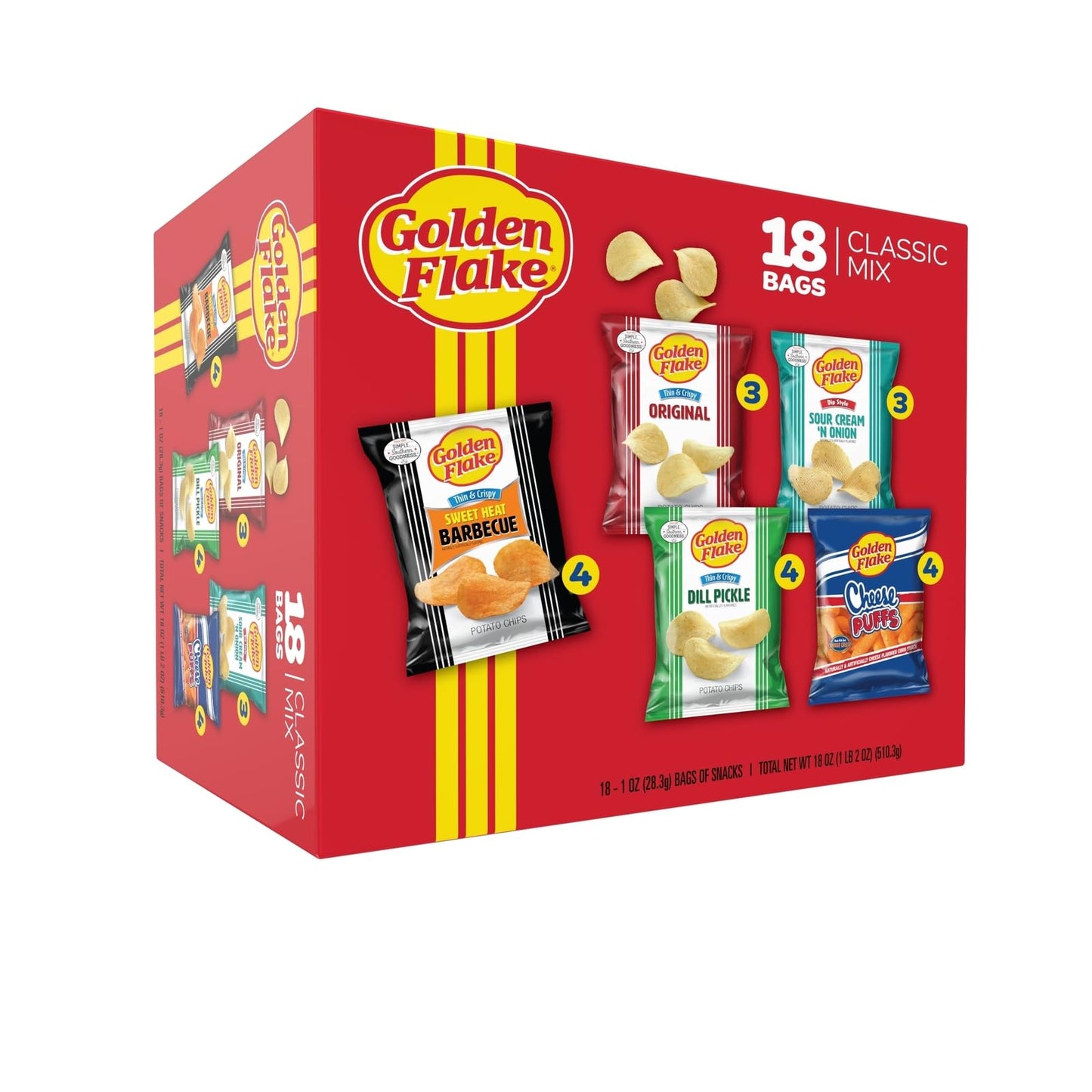 Golden Flake Classic Mix Variety Pack, 18 ct, 1oz. Bags; Thin & Crispy Sweet Heat BBQ (4), Cheese Puffs (4), Thin & Crispy Dill Pickle (4), Thin