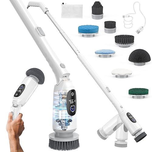 Electric Spin Scrubber, Cordless Cleaning Brush, 3H Work Time, Bathroom Scrubber with LED Display, 3-Speed Extendable Handle, IPX7 Waterproof, 8 Brush