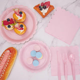 168 Pcs Pink Paper Plates and Napkins, Light Pink Party Supplies Include Scalloped Plate Napkins Cups Forks Knives Disposable Plastic Cutlery