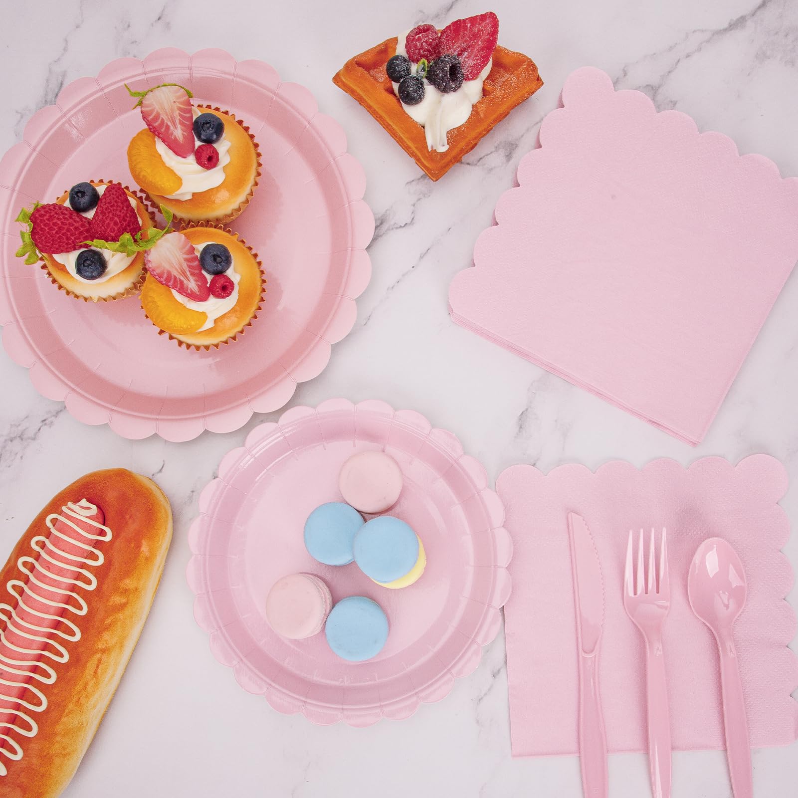 168 Pcs Pink Paper Plates and Napkins, Light Pink Party Supplies Include Scalloped Plate Napkins Cups Forks Knives Disposable Plastic Cutlery