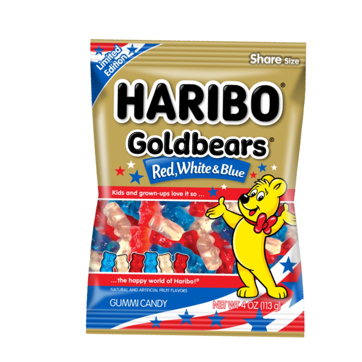 Haribo Goldbears Red, White & Blue Gummy Candy - Patriotic Fruit Flavored Gummies, Limited Edition Share Size Bag, Pack of 3