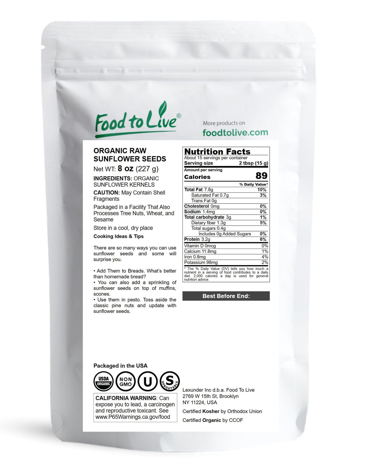 Food to Live - Organic Sunflower Seeds, 8 Ounces - Hulled, Raw, Non-GMO, Dried Kernels, Unsalted, Kosher, Vegan, Keto, Paleo, Sirtfood, Bulk