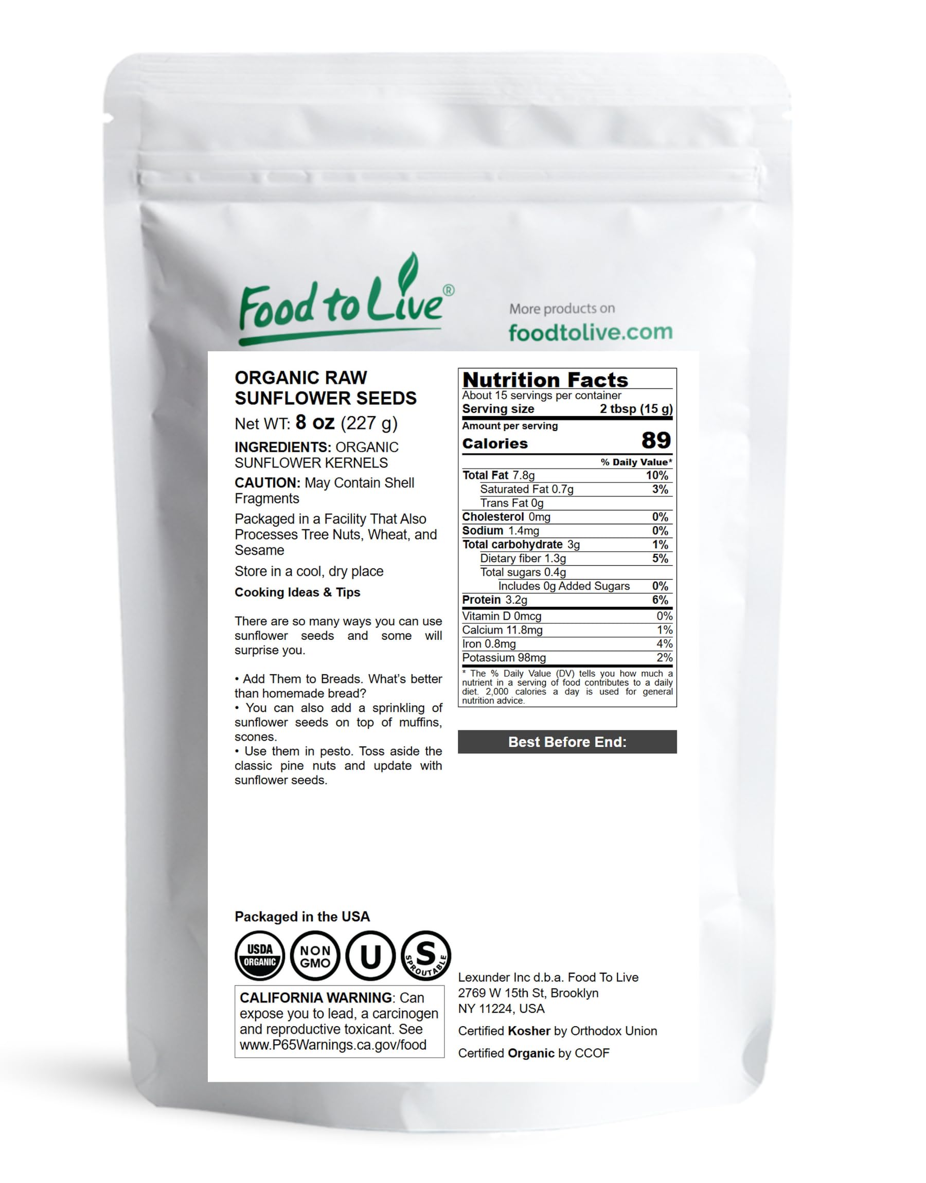 Food to Live - Organic Sunflower Seeds, 8 Ounces - Hulled, Raw, Non-GMO, Dried Kernels, Unsalted, Kosher, Vegan, Keto, Paleo, Sirtfood, Bulk