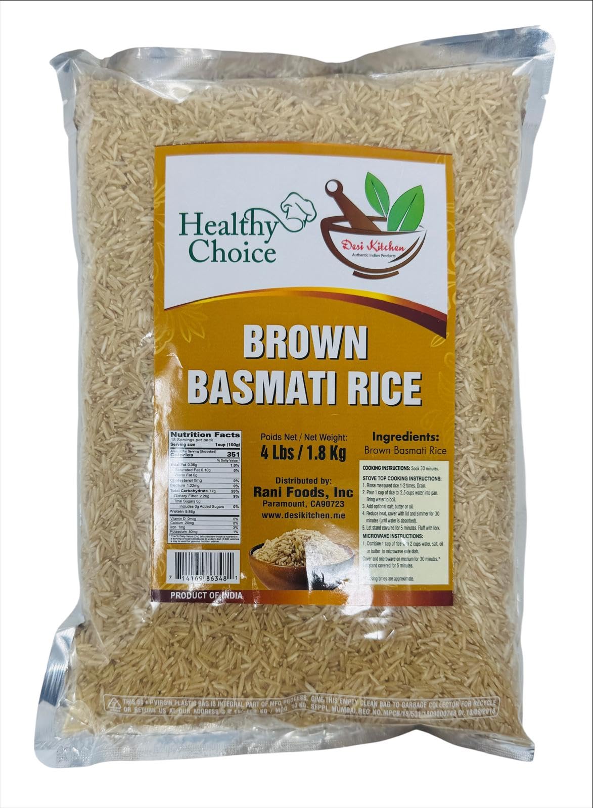 Desi Kitchen Brown Basmati Rice | Extra Long Grain | Premium Product of India (4lbs)