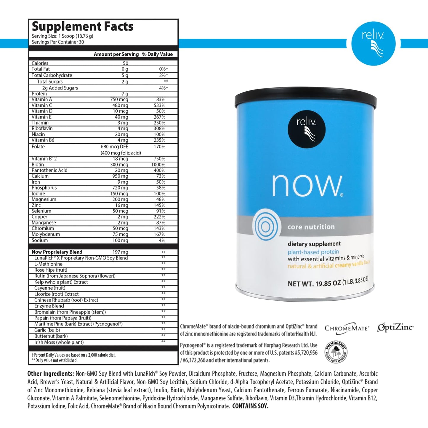 RELIV Now with Soy, Creamy Vanilla - Plant-Based Protein Shake with 7g Protein and Minerals, Dairy-Free, Gluten-Free, 30 Servings, 19.85 oz
