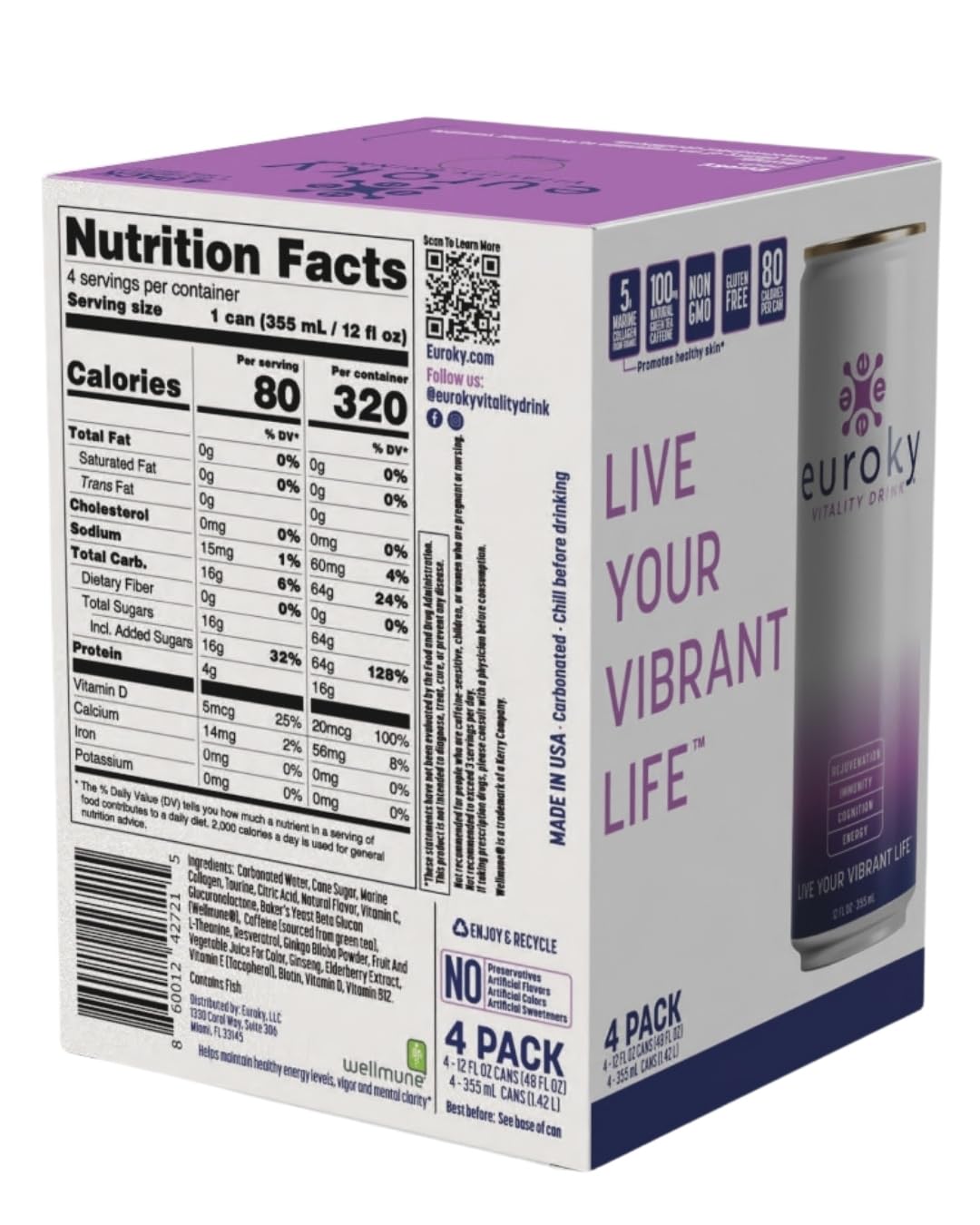 Euroky Vitality Drink, Wellness Beverage - Rejuvenation, Immunity, Cognition and Energy Support, 12 fl oz