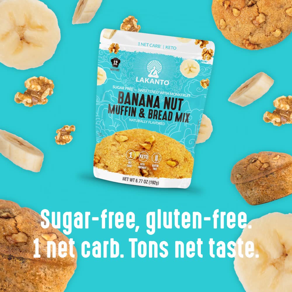 Lakanto Sugar Free Banana Nut Muffin and Bread Mix - Sweetened with Monk Fruit Sweetener, 2g Net Carbs, Gluten Free, Naturally Flavored, Keto Diet Friendly, Dairy Free (12 Muffins)