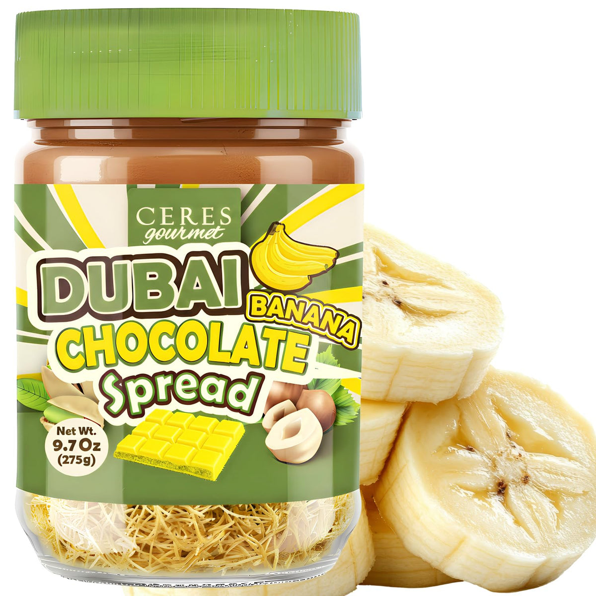 Dubai Spreadable Chocolate with Freeze-Dried Banana - Premium Pistachio Spread with Roasted Phyllo - Gourmet Breakfast Chocolate - 275g (9.7 oz) Jar