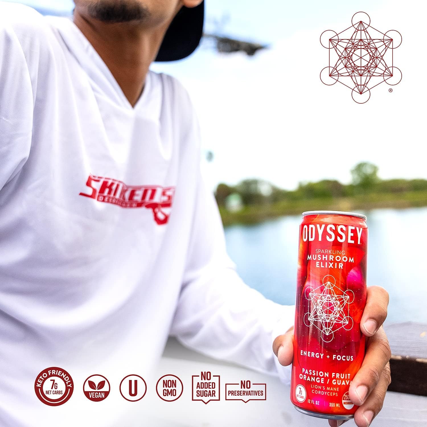 Odyssey Elixir Sparkling Adaptogen Drink, Low Calorie Drinks with L Theanine, Lions Mane, Cordyceps and Green Tea Caffeine for Energy and Focus