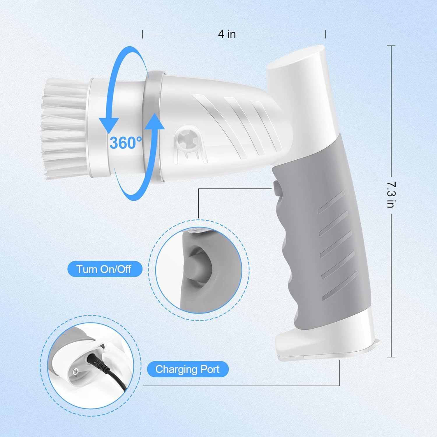 Electric Spin Scrubber, Shower Scrubber with Handle, Waterproof Portable Bathroom Cleaner Brush, Cordless Electric Cleaning Brush with 5 Replaceable