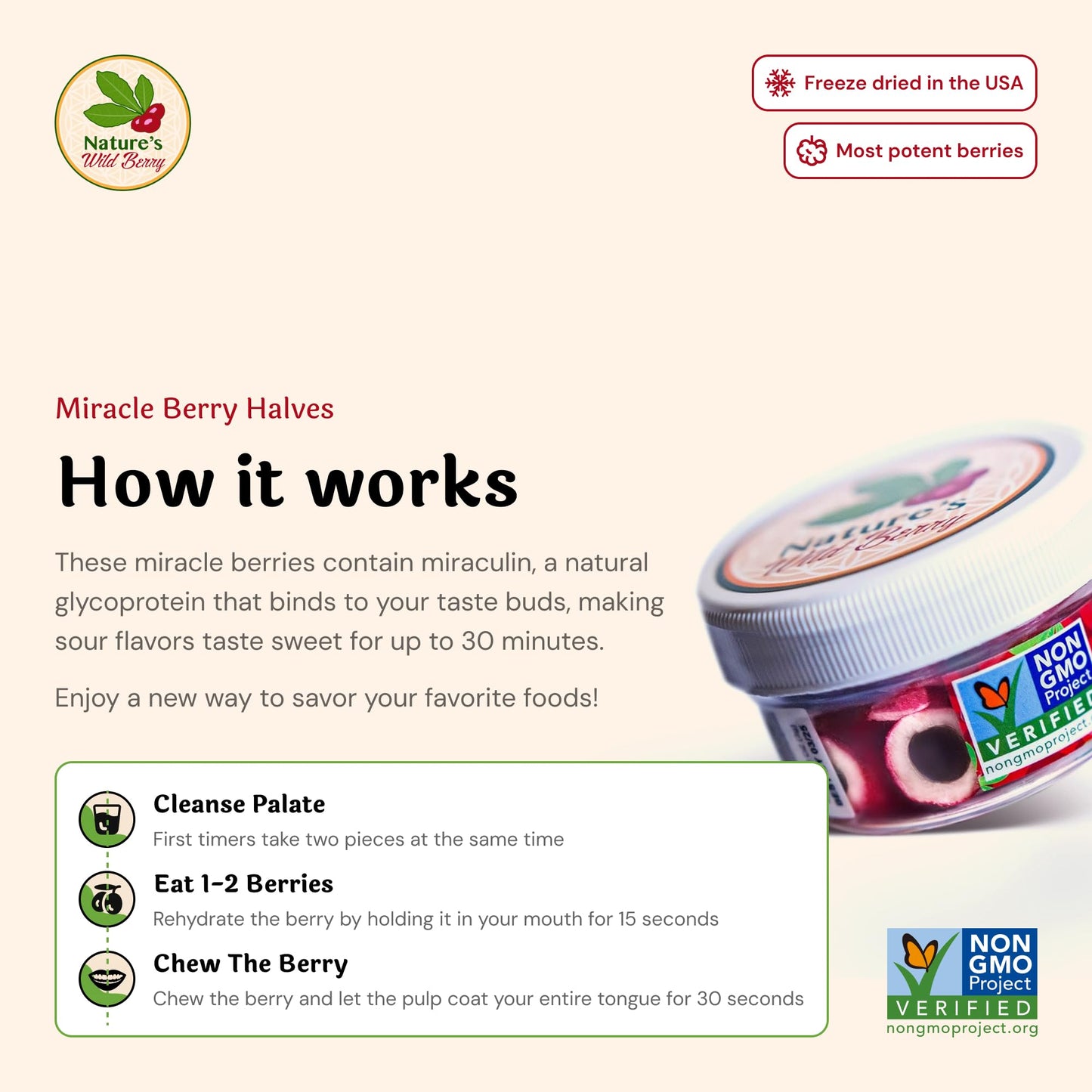 Nature's Wild Berry Miracle Berry Halves | 30 Freeze Dried Flavor Tripping Halves | Turns Sour Sweet | Hermetically Sealed Metal Tin | 100% Plastic