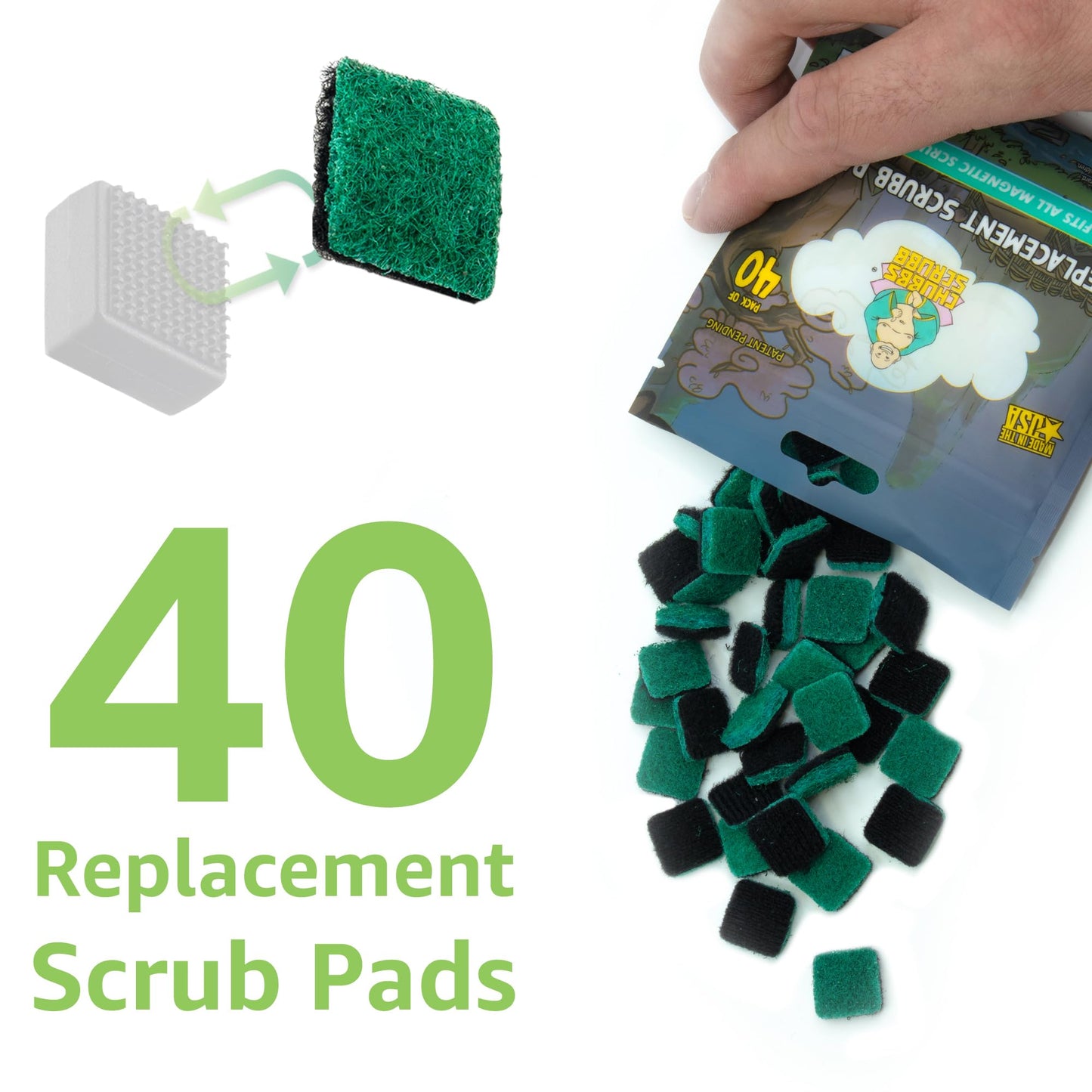 Chubbs Scrubb Magnetic Glass Cleaner with 40-Pack Replacement Scrubb Pads Bundle - Mini Magnetic Scrubber Kit That Removes Tough, Built-Up Stains From
