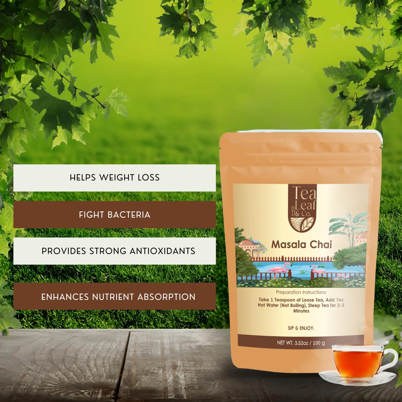 Tealeaf & Co. Masala Chai - Loose Leaf Black Tea Blended with Organic Spices (Ginger, Cardamom, Black Pepper & Cloves Whole Organic) - Low Caffeine