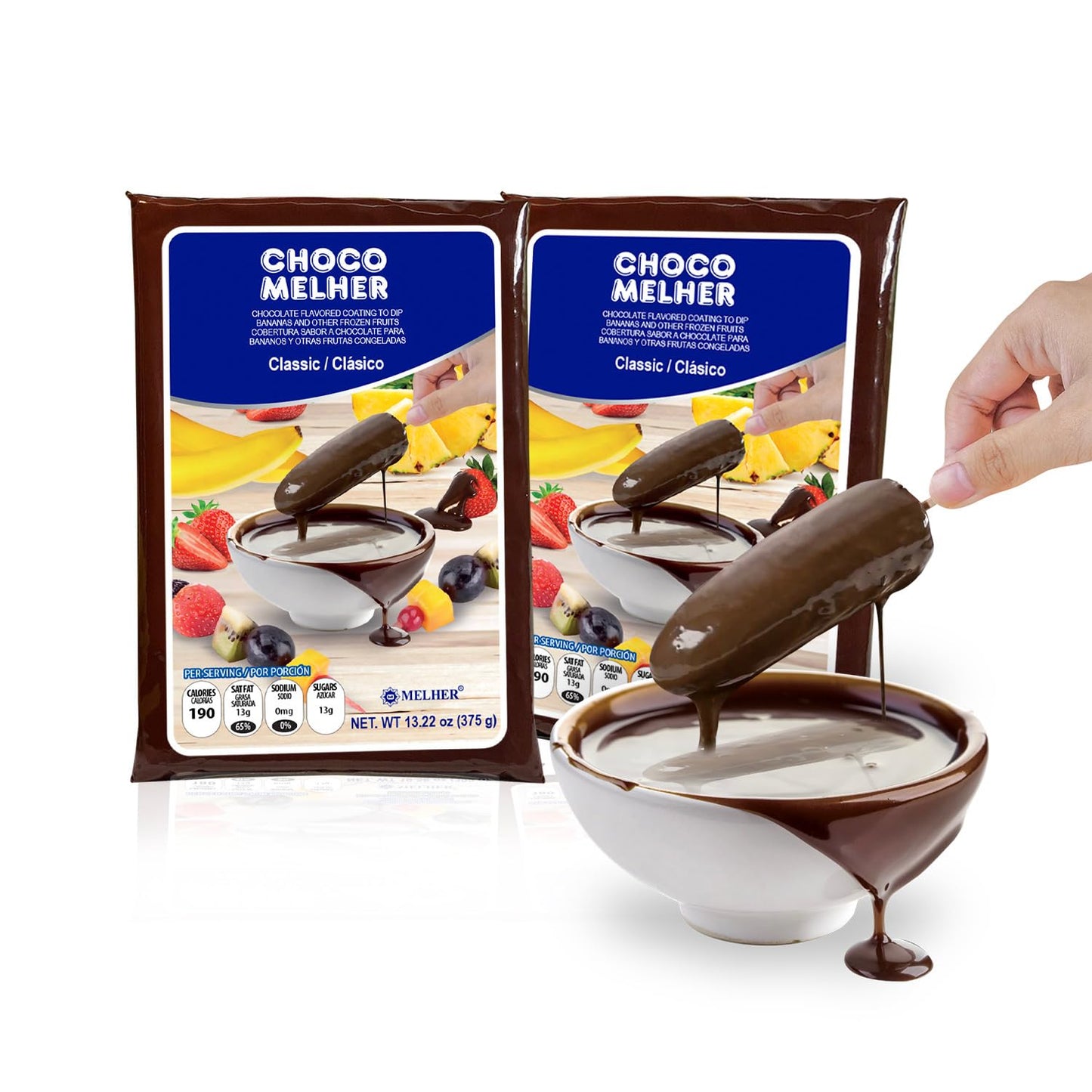 CHOCOMELHER Clasico - 2 Pack Milk Chocolate Flavored Coating for Chocobananos - Cobertura de Chocolate - Best to Cover Frozen Bananas & Strawberries