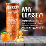 Odyssey Elixir Sparkling Adaptogen Drink, Low Calorie Drinks with L Theanine, Lions Mane, Cordyceps and Green Tea Caffeine for Energy and Focus