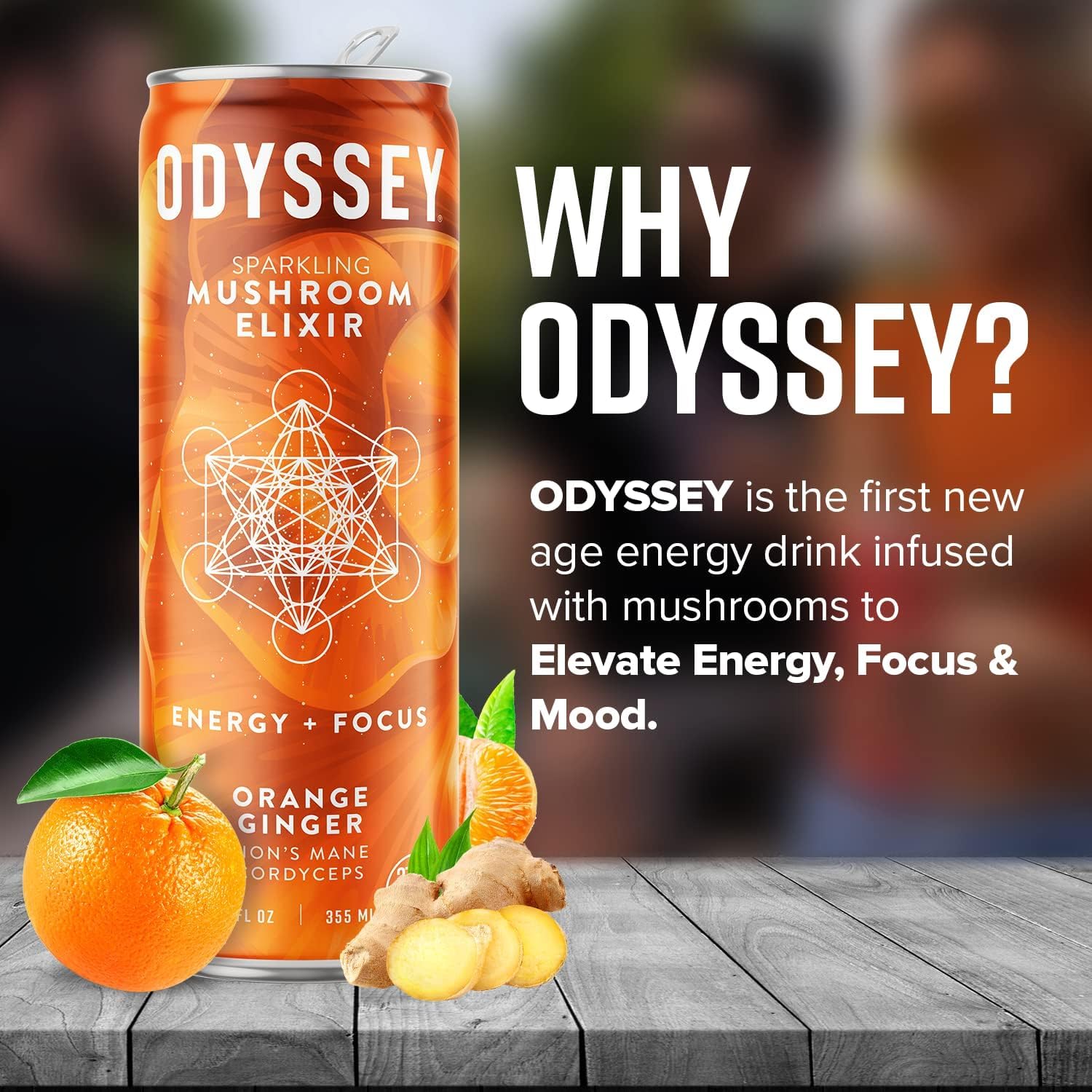 Odyssey Elixir Sparkling Adaptogen Drink, Low Calorie Drinks with L Theanine, Lions Mane, Cordyceps and Green Tea Caffeine for Energy and Focus