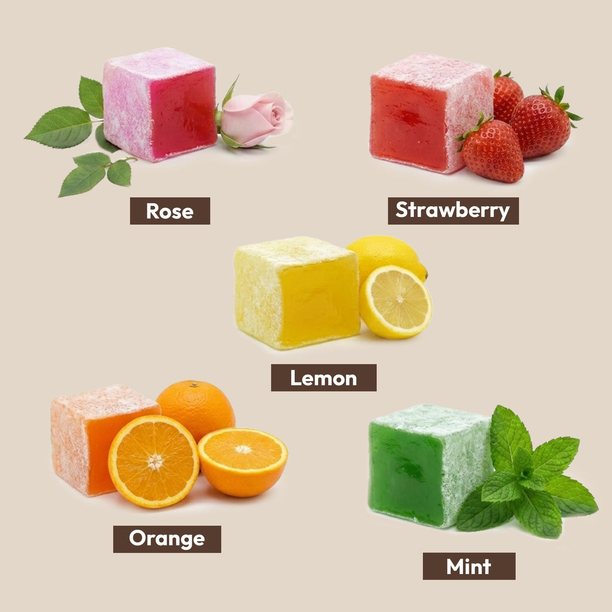 Mughe Gourmet Turkish Delight Candy Elegant Gift Tin Box - 1.65lb-750g - Halal Vegan Lokum Fruit Flavors Rose, Strawberry, Lemon, Orange, Mint - Gift