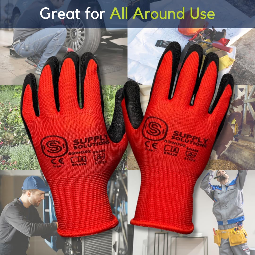 Supply Solutions 13 Gauge Polyester Shell with Latex Crinkle Palm Dipped Safety Work Gloves for Landscaping, Warehouse, Construction, Gardening