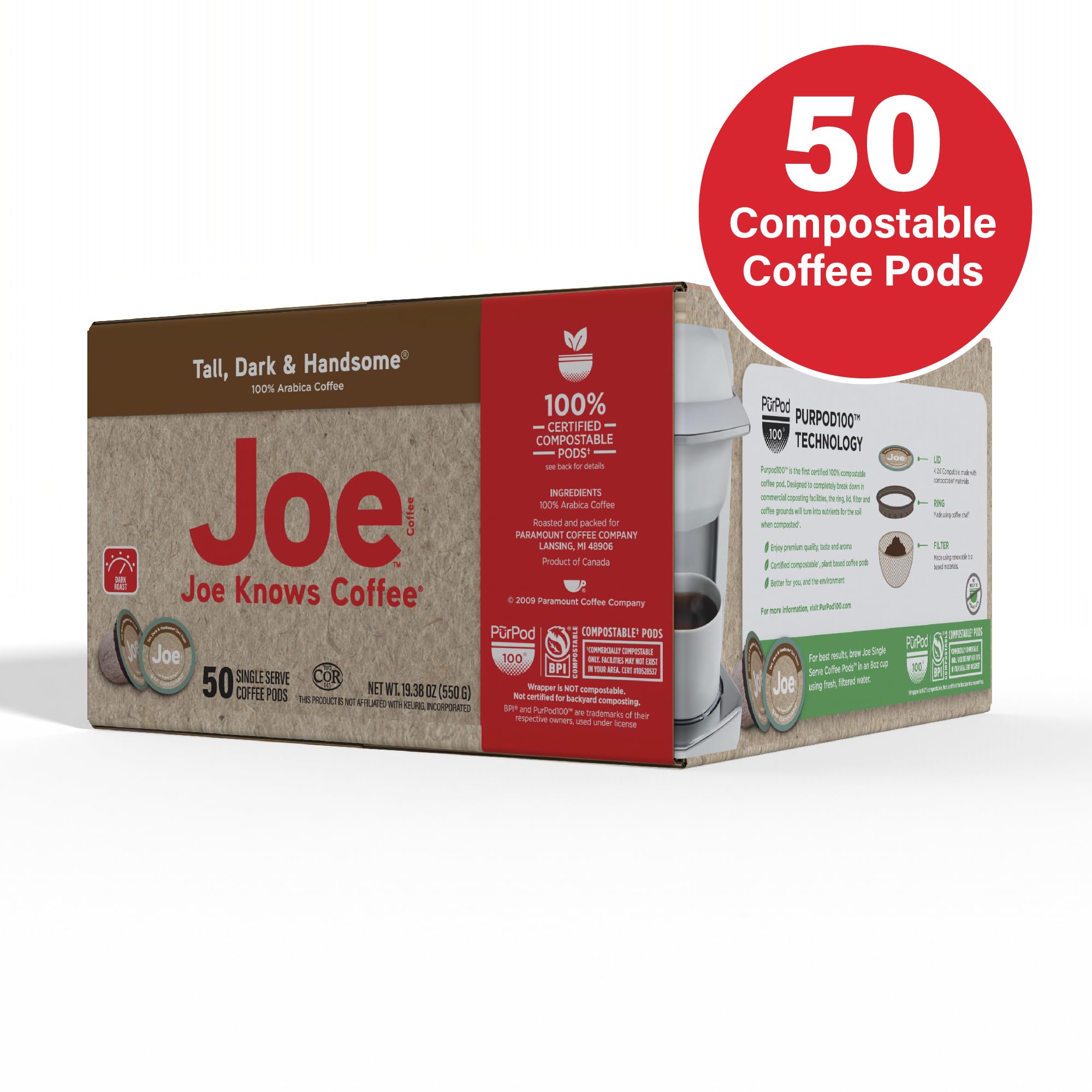 Joe Knows Coffee, Tall Dark & Handsome - 50 Count Compostable Dark Roast Coffee Pods | Bold & Rich Flavor | Compatible With K-Cup Brewers |