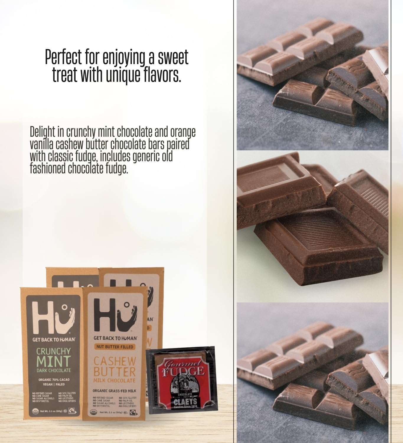 2x Hu Chocolate Crunchy Mint 2.1 oz and 2x Cashew Butter Milk Bar 2.1oz Bundle with Claeys Old Fashioned Chocolate Fudge 1.75 oz - Organic Vegan