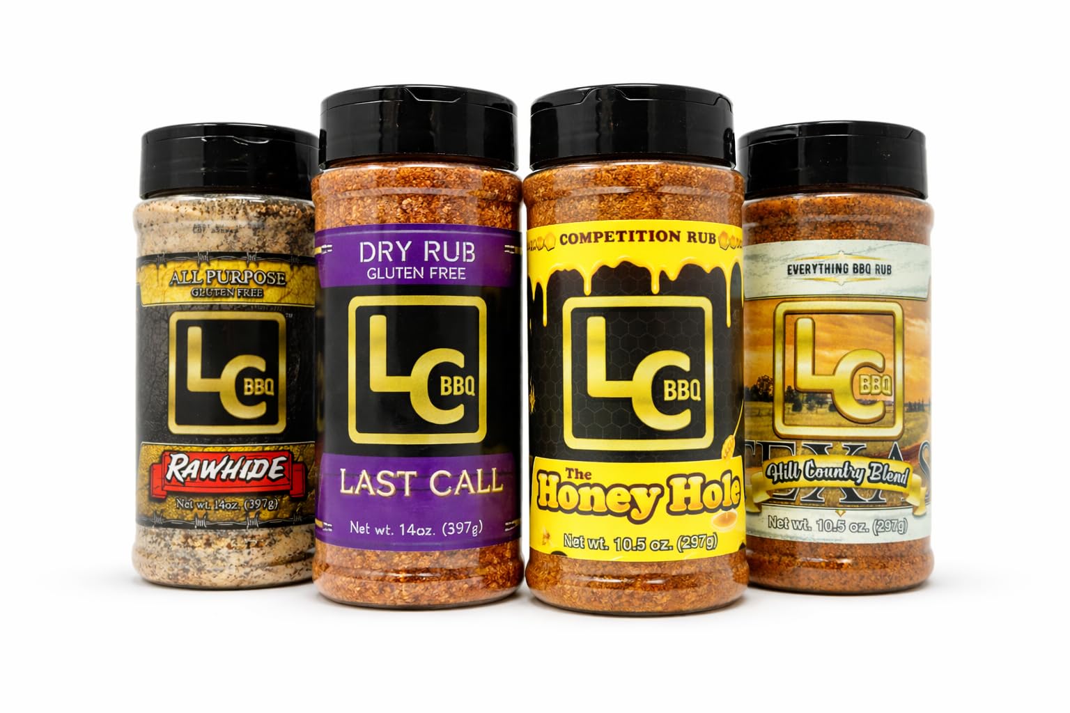 LC BBQ Essential Seasonings Bundle, 4 Pack - Rawhide, Last Call, Honey Hole, and Texas Hill Country BBQ Rub Set for Grilling and Smoking